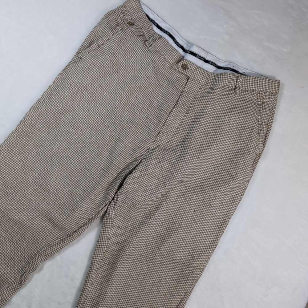 Stacy Adams 100% Linen Dress Pants Mens 42x30 Tan Houndstooth Straight Leg